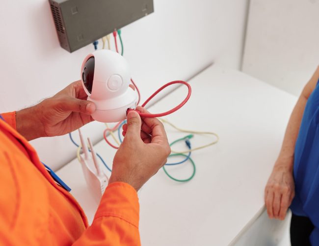 Close-up of unrecognizable man holding wired camera and installing at home under control of house owner